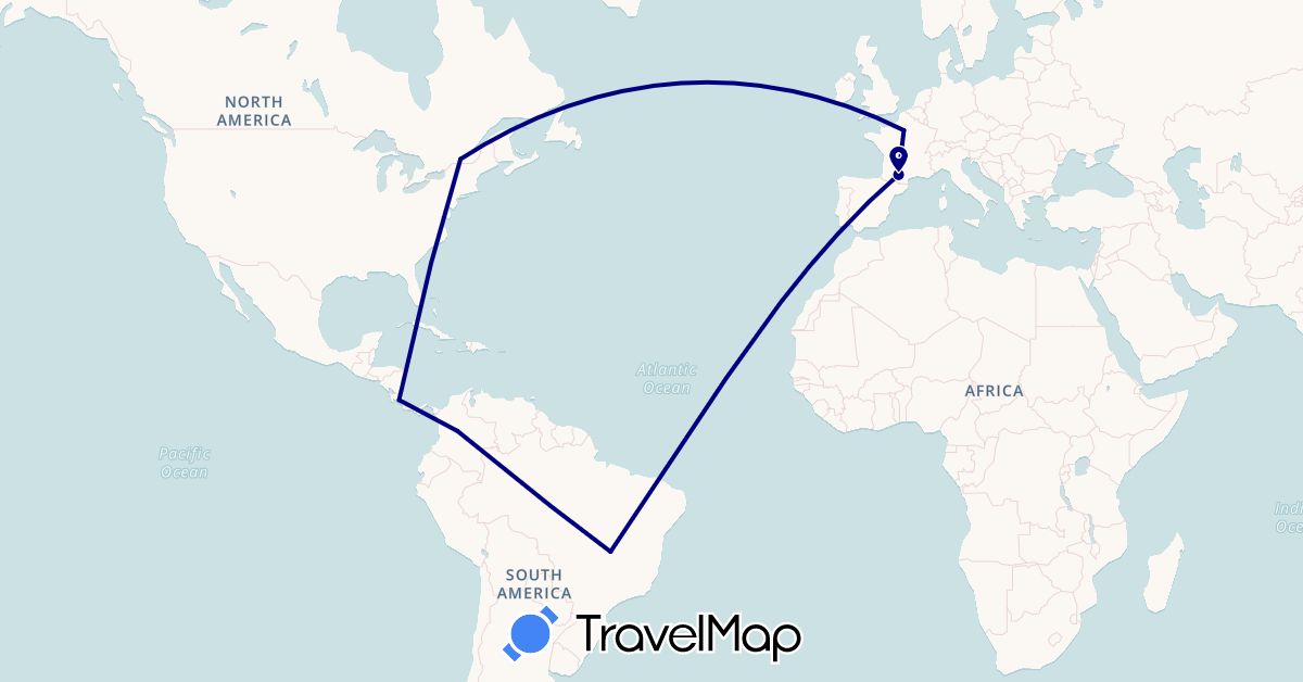 TravelMap itinerary: driving in Brazil, Canada, Colombia, Costa Rica, France (Europe, North America, South America)
