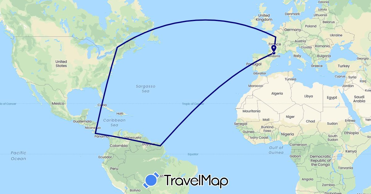 TravelMap itinerary: driving in Canada, Costa Rica, France (Europe, North America)